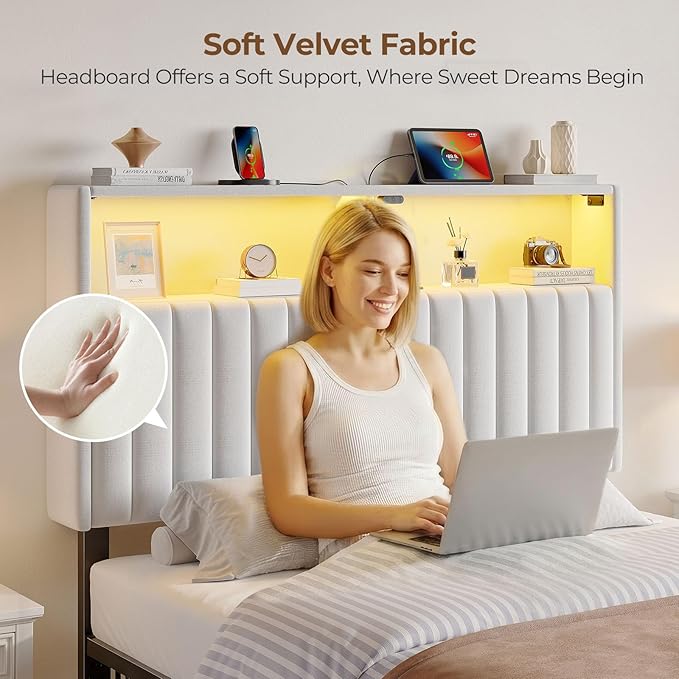 Rolanstar Headboard for Twin Size Bed with Storage, 60,000 DIY Color of LED Light, Head Board with USB & Type C Port, Height Adjustable, Velvet Upholstered, Comfortable Modern, Light White