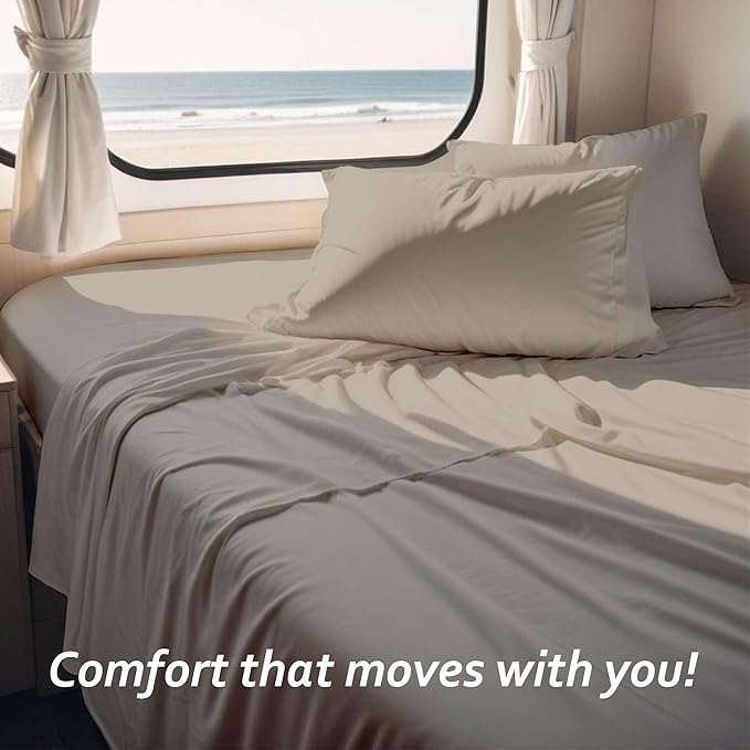 Rajlinen Short Queen RV Camper Sheet Set (60x75) – 100% Egyptian Cotton, Soft & Cooling, 16” Deep Pocket Fitted Sheet, Luxury Hotel Quality Bedding for RVs, Campers & Motorhomes (Beige Solid)