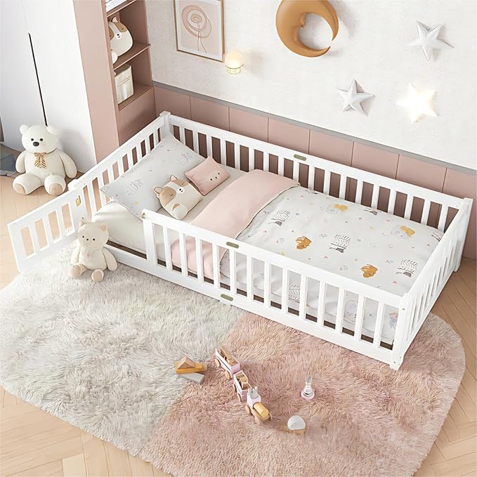 Bellemave Montessori Twin Floor Bed Frame with Fence and Removable Door, Low Profile Twin Size Montessori Bed Frame for Kids, Solid Wooden Floor Beds with Slats for Bedroom,Nursery, White