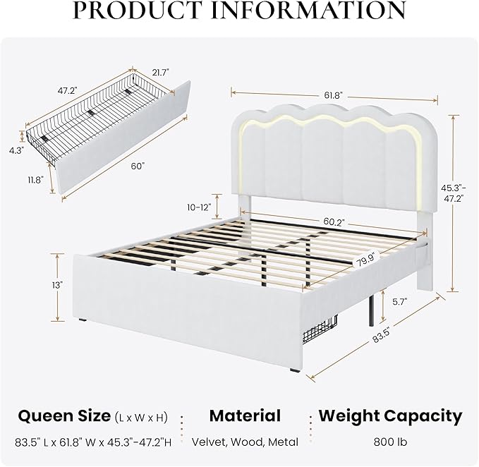 SHA CERLIN Upholstered Queen Size Bed Frame with LED Lights and Large Storage Drawer, Velvet Platform Bed with Adjustable Wavy Headboard, Noise Free, Easy Assembly, No Box Spring Needed, Soft White