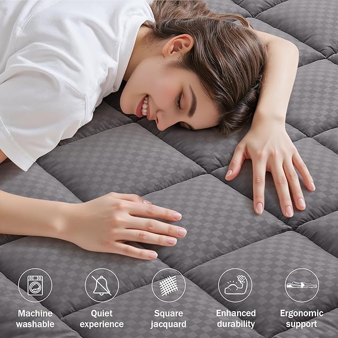 OLANLY Queen Quilted Fitted Mattress Pad, Elastic Fitted Mattress Topper, Cooling Soft Mattress Cover Stretches up to 21 Inches Deep, Machine Washable Mattress Protector (60x80 inch, Dark Grey)