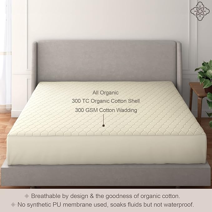 Bioweaves 100% Organic Cotton Mattress Pad Cover, GOTS Certified Cooling Quilted Fitted Mattress Topper & Protector with Soft Cotton Wadding - 20 Inch Deep Pocket, King