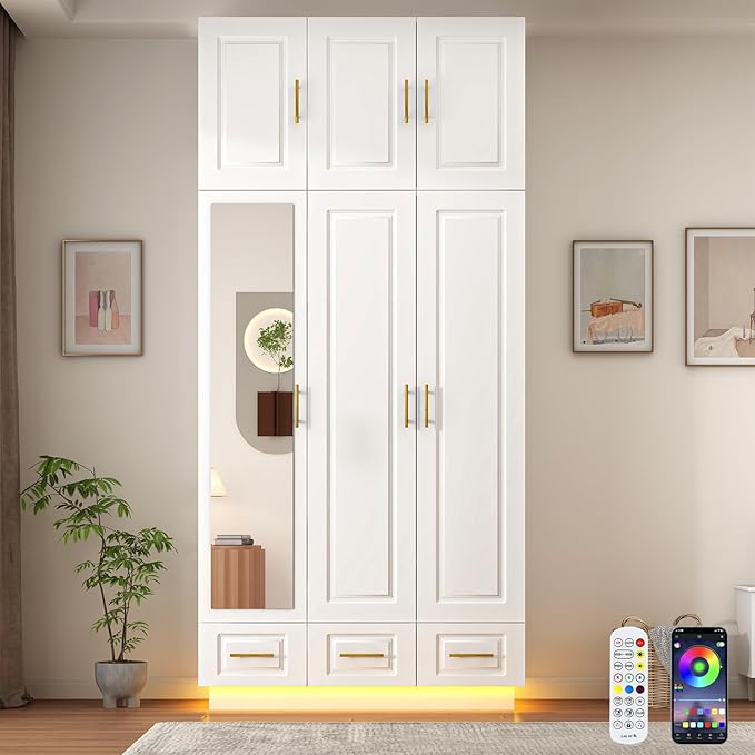Hlivelood Large Armoire Wardrobe Closet Cabinet with Drawers and LED Lights, Multi-Tier Shelves, Hanging Rod, Large Capacity Storage 3 Door Wardrobe Armoire with Top Cabinet for Bedroom, White
