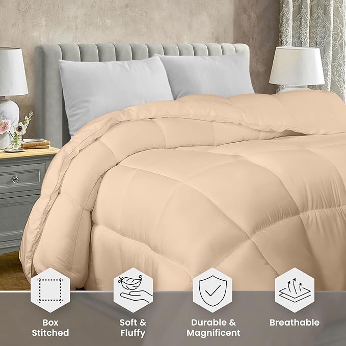 Utopia Bedding Queen Comforter Duvet Insert, Quilted Beige Comforter with Corner Tabs, Box Stitched Down Alternative Comforters Queen Size 88 x88 inches