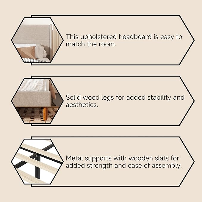 King Size Bed Frame, Linen Upholstered Platform with Wingback Headboard, Wooden Slats Support, No Box Spring Needed, Easy Assembly, Beige