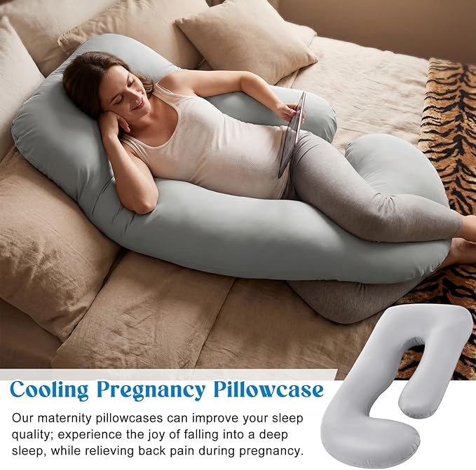 Hahafelt Cooling Pregnancy Pillow Cover (Only Pillowcase) 59 Inch Large J Shaped Full Body Pillowcase Maternity Stretchy Soft Breathable Cool Pillow Cover with Zipper for Side Sleeper (Gray)
