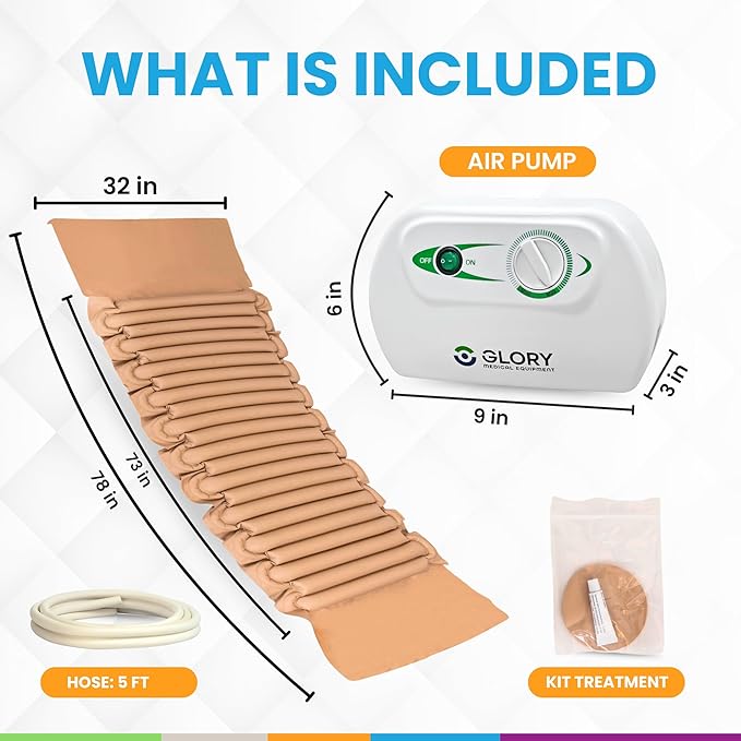 Glory Medical MT‑02 Alternating Pressure Mattress Topper – 12‑Minute Air Cycle, Waterproof Vinyl, Hypoallergenic & Latex‑Free Design, Supports Healthy Circulation for Hospital & Home Beds (78" x 32")
