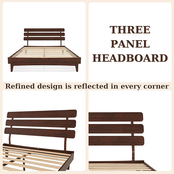 Bme Caden Queen Bed Frame and Adjustable Headboard, 15 Inch Mid Century Retro Style - Solid Acacia Wood - No Box Spring Needed - 12 Strong Wood Slat Support - Easy Assembly - Walnut
