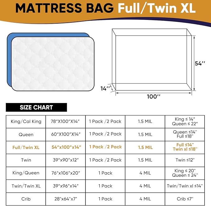 2 Pack Full/Twin XL Mattress Bags for Moving Storage, Full Size Mattress Bag for Disposal, Waterproof Plastic Mattress Cover for Moving