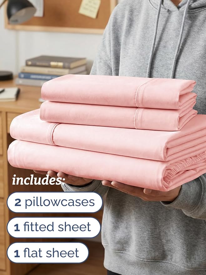 Twin XL 4 Piece Sheet Set - Comfy Breathable & Cooling - Hotel Luxury Bedding for Women, Men, Kids, Teens & Children - 1 Flat & 1 Fitted Sheet & 2 Pillowcases w/ Deep Pockets, Wrinkle Free - Baby Pink