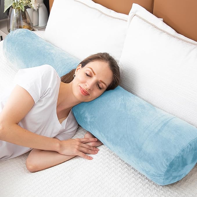1 MIDDLE ONE Bolster Pillow for Bed, Long Round Body Pillow for Adults with Removable Velvet Cover, Decorative Tube Roll Cylinder Pillow, 47 x 7.87 Inch, Light Blue