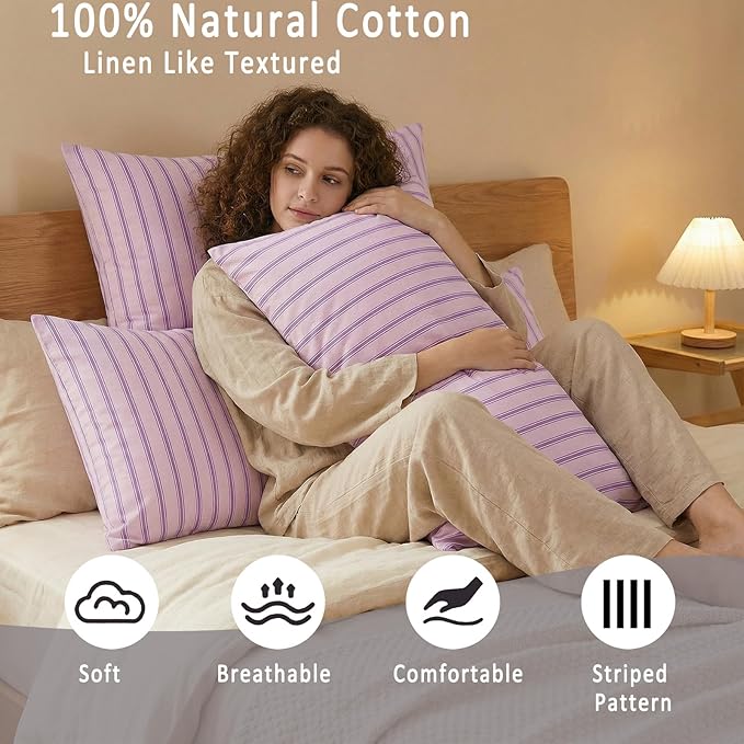 Merryword 100% Cotton Pillow Cases, King Size Pillowcases, Pink & Purple Striped Pillowcases, Luxury Linen Like Pillowcase, Soft Breathable Engineered Stripes Pillow Covers, Set of 2