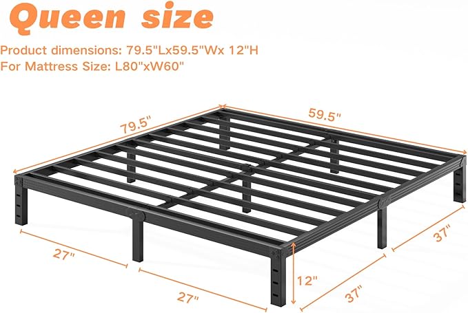 Queen-Size Metal Bed-Frame No Box-Spring Needed,12-Inch Noise Free Black Platform-Bed Base, Easy Assembly,Heavy Duty Steel Slat Support Non Slip Mattress Foundation