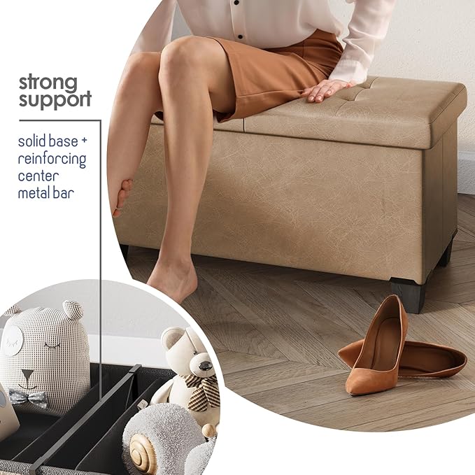 Storage Ottoman Bench with Bins, 43-in Storage Bench for Bedroom End of Bed, Folding Foot Rest Ottoman for Living Room Max 660lbs, Leather Ottomans, Taupe