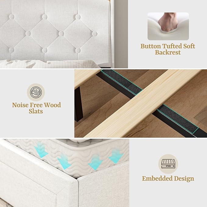 California King Bed Frames with 4 Drawers, Hidden Storage Headboard with LED Lights and Charging Station, Upholstered Cal King Platform Bed, Noise Free, No Box Spring Needed, White
