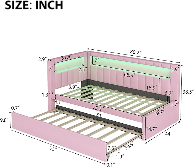 Merax Twin Size Modern Upholstered Platform Bed with USB Ports & Trundle Bed, Floor Daybed with Wood Slat Support, Storage Bed Frame with Headboard/Twin, Pink