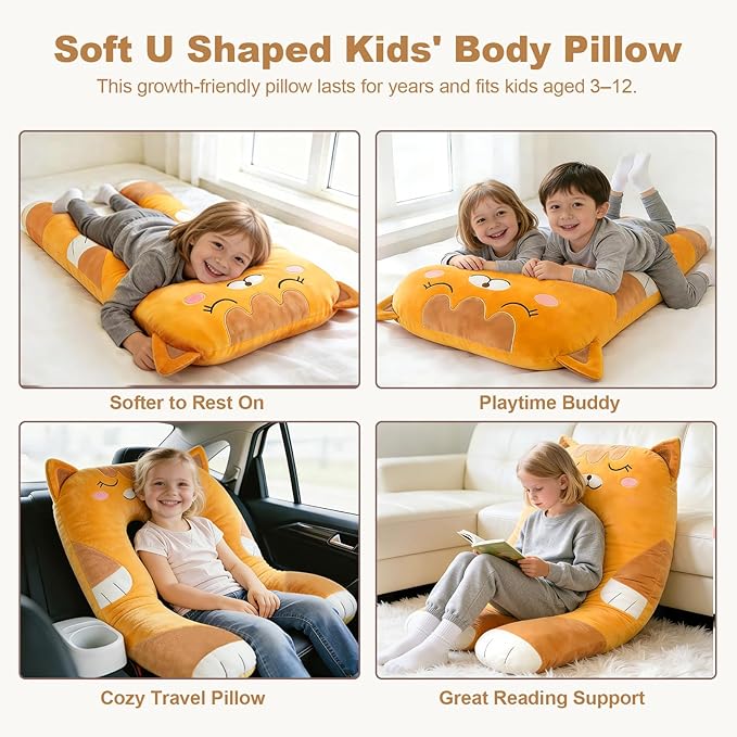 47x23 inch U Shaped Long Plush Body Pillows for Kids, Stuffed Animal Cat Soft Large Pillow for Sleeping, Big Cute Plushies, Washable Cover, Gift for Boys and Girls