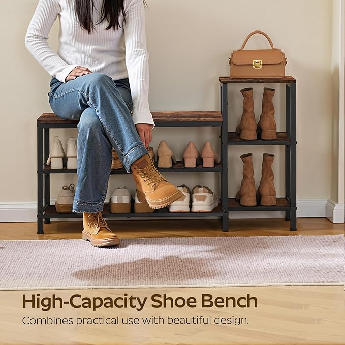 YATINEY 3-Tier Shoe Rack Bench, Wooden Shoe Storage Bench, Industrial Entryway Bench with Storage, Multi-Functional Shoe Rack with Seat for Bedroom, Hallway, Living Room, Rustic Brown and Black HX05BR
