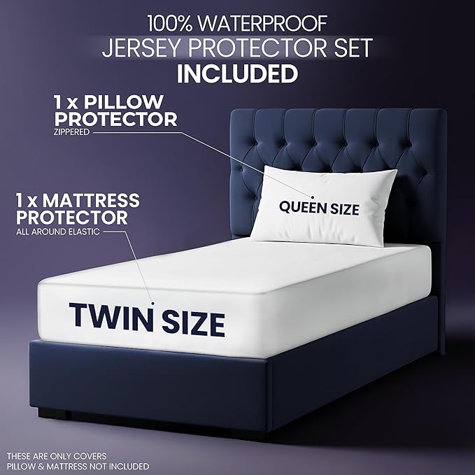 Waterproof Mattress Protector and Pillow Case, Twin Size, Includes +1 Zippered Pillow Protector and 1 Mattress Cover Set, Fitted Sheet Style Deep Pockets with All Around Elastic