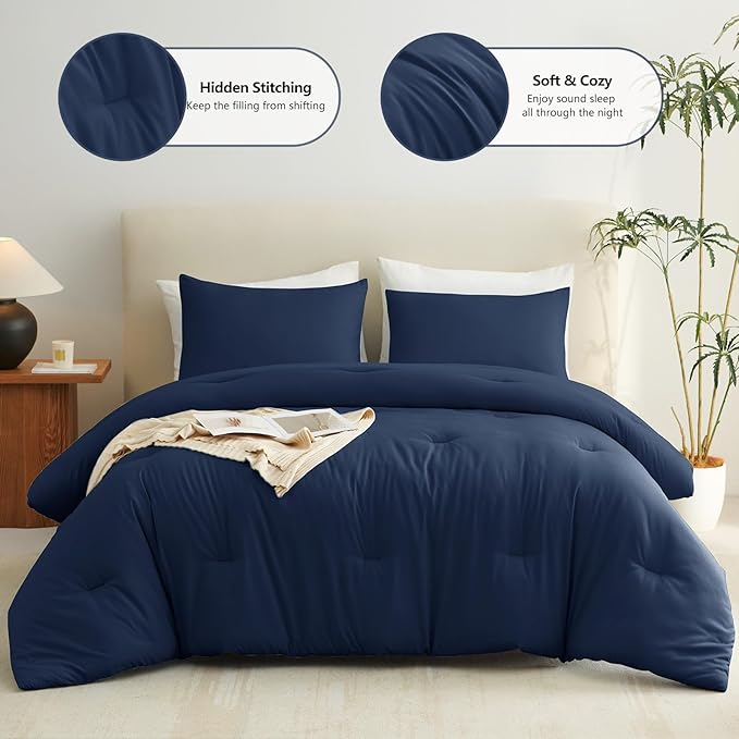 CozyLux California King Comforter Set Navy Blue, 3 Pieces Cal King Solid Breathable Quilted Bedding Sets All Seasons, Luxury Soft Lightweight Bed Set with Down Alternative Comforter and 2 Pillowcases