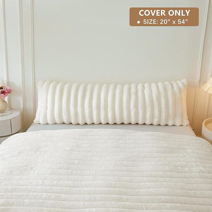 MEGO Fluffy Faux Rabbit Fur Body Pillow Cover, Cozy Plush Fuzzy Wide Striped 20x54 Ivory Body Pillowcase, Decorative Shaggy Furry Zippered Bedroom Long Pillow Cover for Pregnancy Side Sleeper, Beige