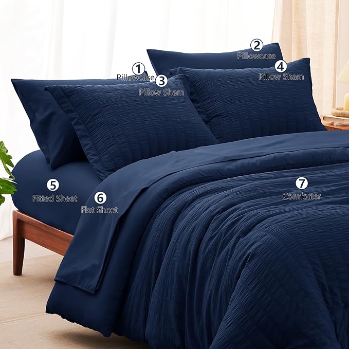 CozyLux Queen Comforter Set Navy Blue Seersucker 7 Pieces Bed in a Bag Queen Comforter Set with Sheets, Luxury Bedding Sets with Down Alternative Comforter, Sheets, Pillowcases & Shams for All Season