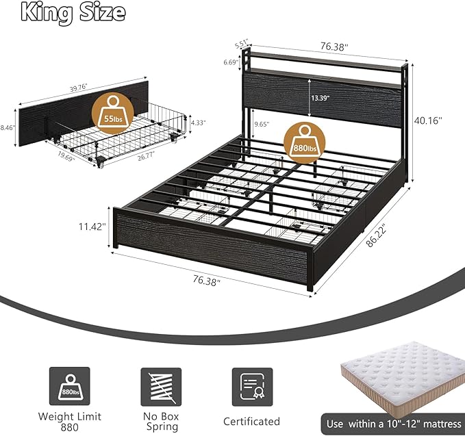 VINGLI Metal Bed Frame King with 4 Drawers and Storage Headboard, Platform with Charging Station and LED Lights, No Box Spring Needed, Noise Free, Easy Assembly, Black