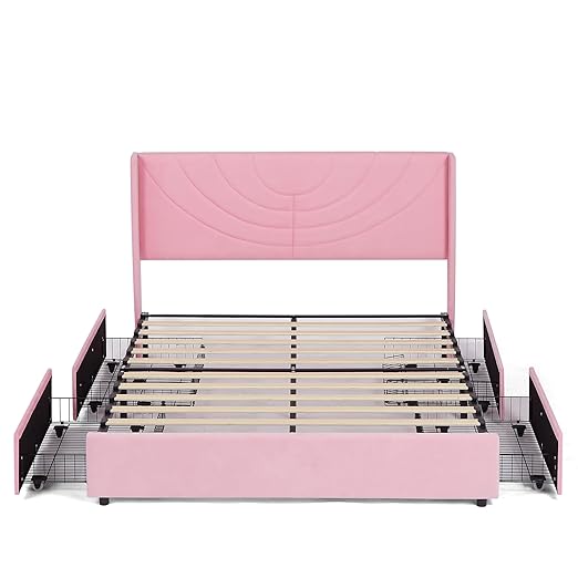 VECELO Full Bed Frame Upholstered Platform with 4 Drawers&Fabric Headboard,Wooden Slats Support/No Box Spring Needed/Mattress Foundation,Pink