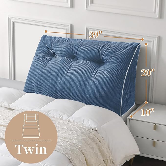 Sasttie Headboard Pillow Twin/Twin XL, Wedge Pillow Headboard for Dorm, Triangular Daybed Backrest Cushion for Sitting or Reading in Bed, with Removable Washable Cover, Blue