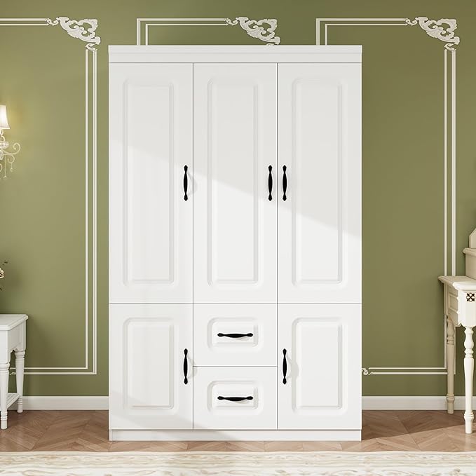 Armoire Wardrobe Closet 3 Door: Wooden White Bedroom Armoire Storage Cabinet for Large Capacity Armoire and Wardrobe Closet Wood with 2 Drawers Hanging Rail Shelves
