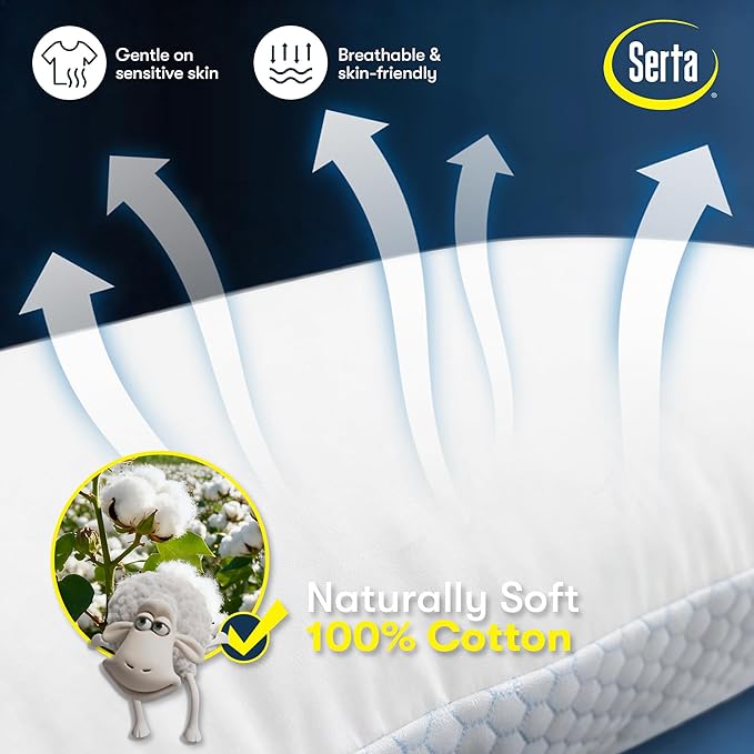 Serta Cooling Down Alternative Bed Pillows Queen Size Set of 2, Reversible Cooling & Cotton Fabric, Medium Firm, Breathable Support for Hot, Side, Back & Stomach Sleepers, 20" x 28"