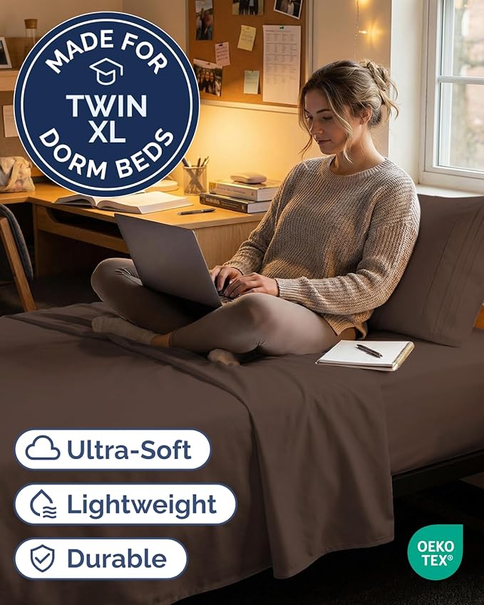 Twin XL Size 3 Piece Sheet Set - Comfy Breathable & Cooling Sheets - Hotel Luxury Bed Sheets for Women & Men - Deep Pockets, Easy-Fit, Extra Soft & Wrinkle Free Sheets - Brown Oeko-Tex Bed Sheet Set