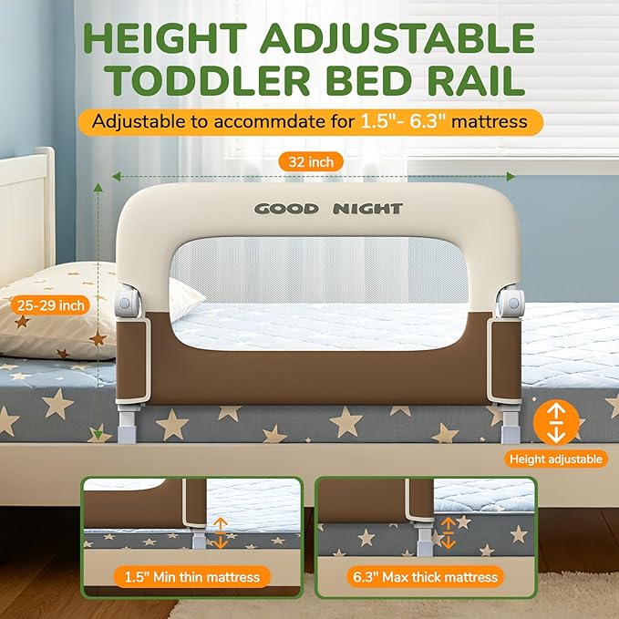 Bed Guard Rail for Toddlers - 32" Adjustable Heights & Folding up Portable Bed Railing for Baby - Toddler Bed Rails Guard for Crib, Twin, Bunk,Full Size, Queen & King Bed