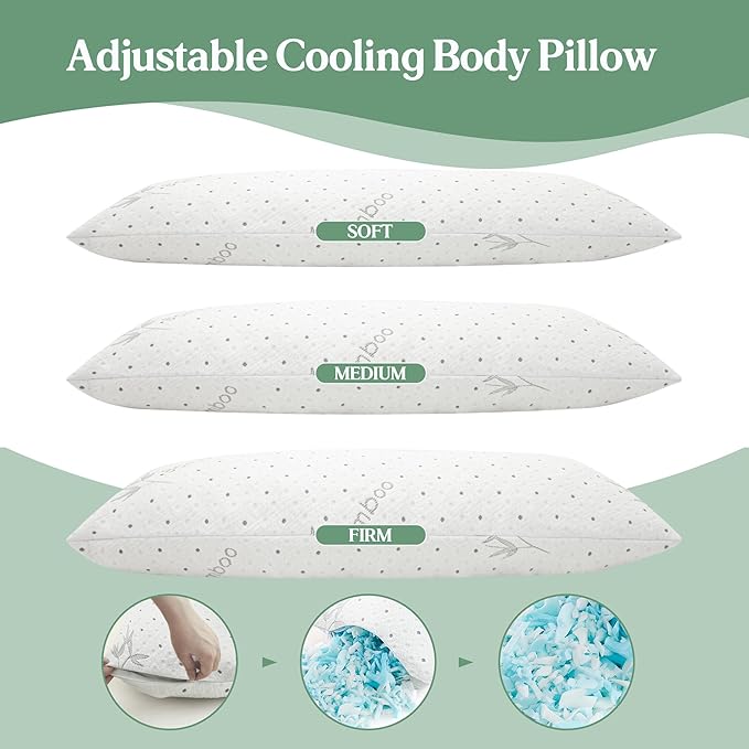 Dreamood Body Pillow Firmer 3200g 100% Shredded Memory Foam Body Pillows for Adults Side Sleeper Pregnancy Full Body Pillow 20x54 inch Adjustable with Washable Viscose Made from Bamboo Cover