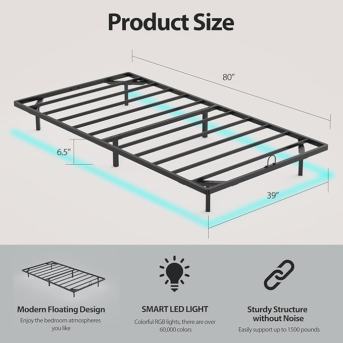 Twin XL Floating Bed Frame with Smart LED Lights Metal Platform Bed Easy Assembly No Box Spring Needed (Twin XL)