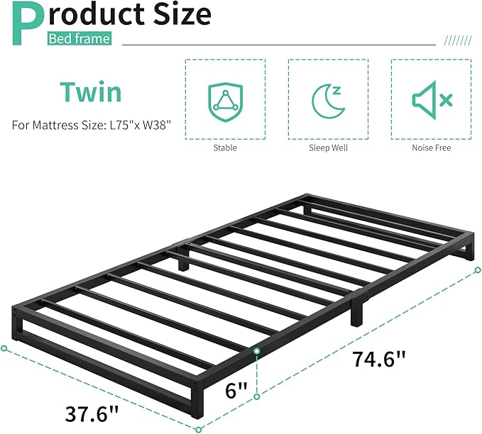 Lutown-Teen 6 Inch Twin Size Bed Frames Heavy Duty Metal Twin Platform Bed Frame No Box Spring Needed, Noise Free, Easy Assembly, Black