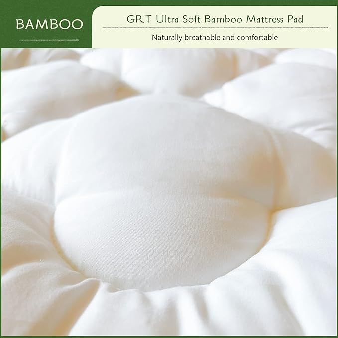GRT Mattress Pad Cover Rayon from Bamboo California King Size, Extra Thick Quilted Fitted Mattress Topper with 21 Inches Deep Pocket, Cooling Breathable and Noiseless Mattress Cover