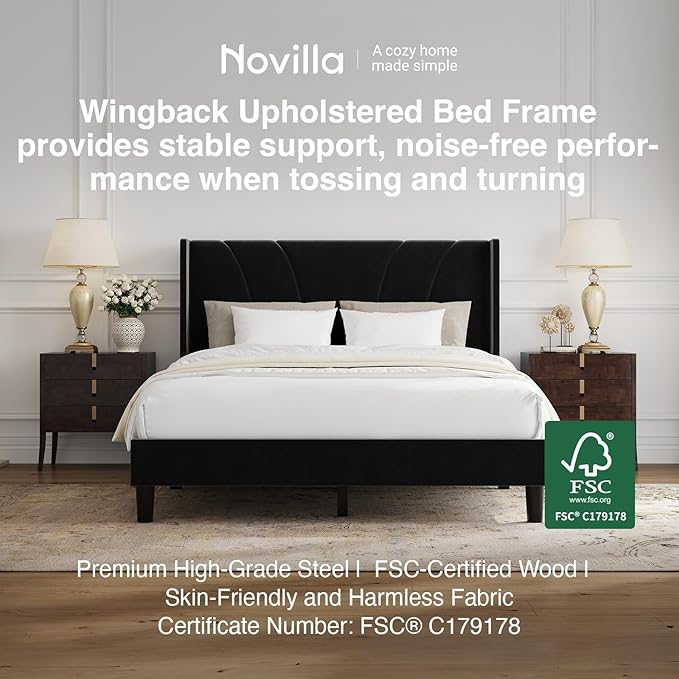 Novilla Full Size Bed Frame, Full Bed Frame with Headboard, Velvet Upholstered Wing Side Headboard, No Box Spring Needed, Heavy Duty Feet, Easy Assembly, Black Velvet