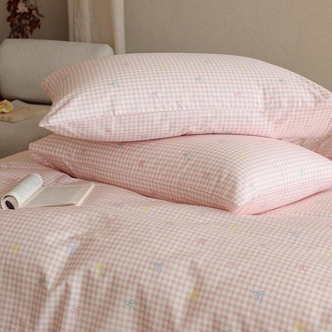 mixinni Gingham Duvet Cover Twin XL Size, 100% Cotton Light Pink and White Gingham Bedding Set for Girls, Cute Bow Print Soft Aesthetic Cottagecore Bedding 3 Pieces (1 Duvet Cover + 2 Pillowcases)