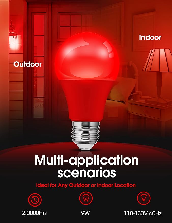 L LOHAS LED Red LED Light Bulbs, A19 9W (60W Equivalent) Christmas Red Colored Light Bulb Indoor, E26 Base, Non-Dim, 4 Pack