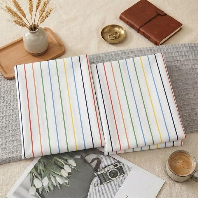 Merryword Queen Size Pillowcases, 100% Cotton Pillow Cases, Rainbow Striped Pillowcases, Luxury Linen Like Pillowcase, Soft Breathable Pinstripe Pillow Covers, Set of 2