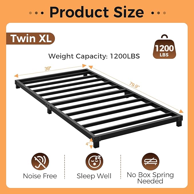 4 Inch Bed Frames Twin XL Size Low Profile Metal Platform Bed Frame Heavy Duty Steel Slat Support, No Box Spring Needed, Easy Assembly, Noise Free
