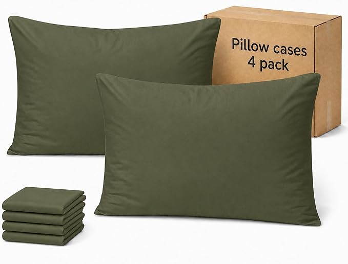 ZPECC Pillow Cases Queen Size Set of 4, 20x30 Envelope Closure Pillowcases, Soft Plain Brushed Microfiber Covers Hypoallergenic Breathable, Olive Green