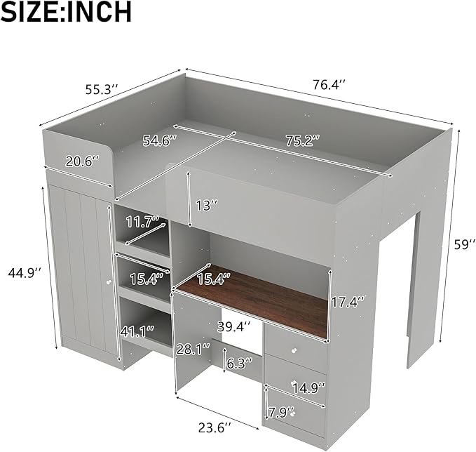 Harper & Bright Designs Full Size Loft Bed with Desk, Wood Full Loft Bed Frame with Built-in Wardrobe, Storage Shelves and Drawers, Gray