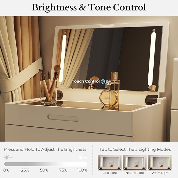 Muwuele Solid Wood Small Vanity Desk with Mirror and Lights, Narrow Makeup Vanity for Small Space, Flip Top Vanity Side Table, 3 Color Modes & Adjustable Brightness, 23.6" Slim Dressing Table, White