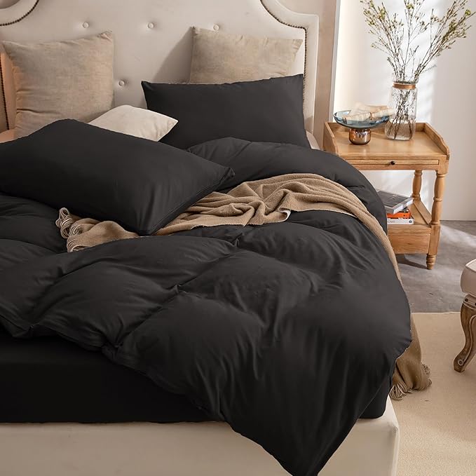 PURE ERA Jersey Knit Duvet Cover Set 100% T-Shirt Cotton Super Soft Comfy 3pc Bedding Set with Zipper Closure (Solid Black, Queen)