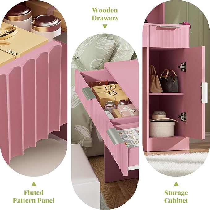 Cyclysio Fluted Vanity Desk with Mirror and Lights, Wood Makeup Vanity Desk with Power Strips, Modern Dressing Table with Drawers & Cabinet for Bedroom, Pink