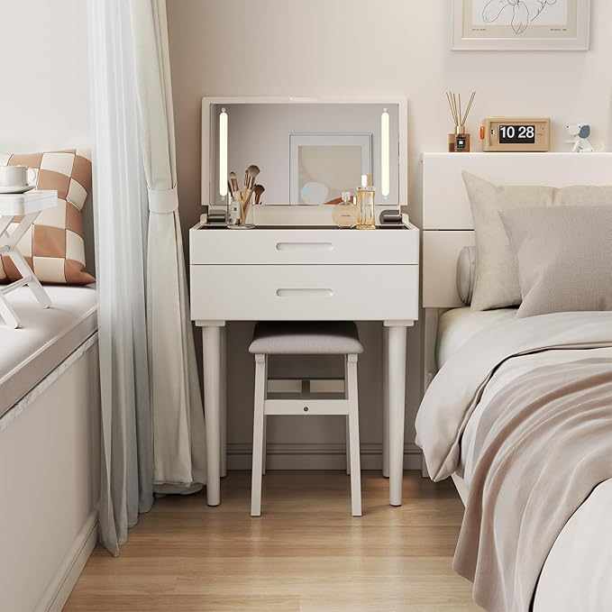 Muwuele Solid Wood Small Vanity Desk with Mirror and Lights, Narrow Makeup Vanity for Small Space, Flip Top Vanity Side Table, 3 Color Modes & Adjustable Brightness, 23.6" Slim Dressing Table, White
