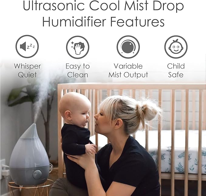 Crane Ultrasonic Cool Mist Humidifier for Bedroom, Baby Nursery, Kids Room, Plants, or Office, Large 1 Gallon Tank, Filter Optional, Grey