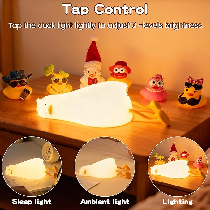 FAMIDUO Lying Flat Duck Night Light, Silicone Dimmable Rechargeable Nursery Night Light, Touch LED Lamp with Rubber Duck Blind Box, BPA-Free Squishy Baby Bedside Light for Breastfeeding,Kids,Toddler